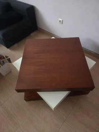 Mesa baja giratoria madera y blanco,90x90x37