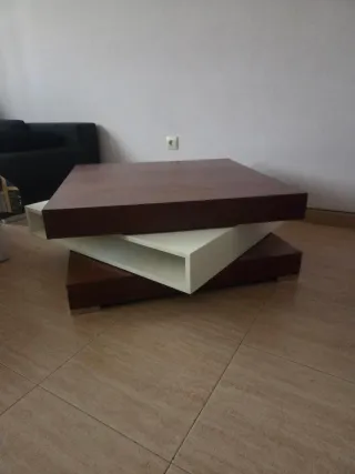 Mesa baja giratoria madera y blanco,90x90x37