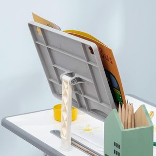 Conjunto de Escritorio y Silla para Niños de 6 a 12 Años con Altura Regulable, Banco Escolar con Cajón, Gancho, Portalápices y Atril, Conjunto de Banco con Silla para Niños en Acero y MDF, Gris