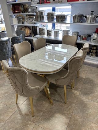 Conjunto de Comedor Ovalado Marble-Gold & 6 Sillas