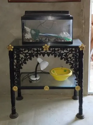 Mesa consola forja y cristal. Pecera gratis