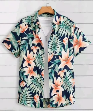Camisa Hawaiana Estampada Flores Naranja
