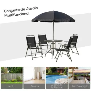 Conjunto mesa, 4 sillas jardín y sombrilla