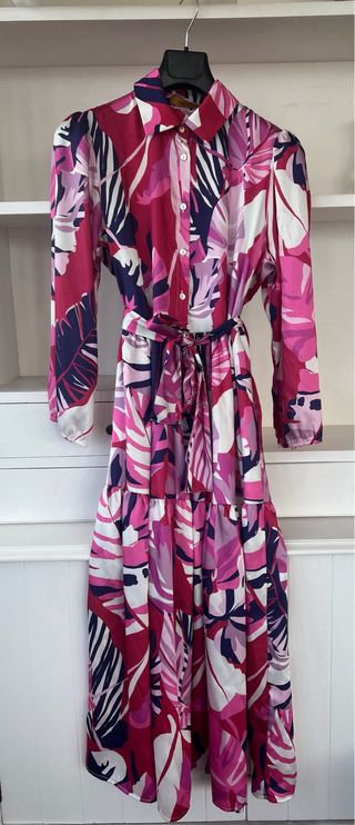 Vestido maxi largo manga larga, floral rosa morado