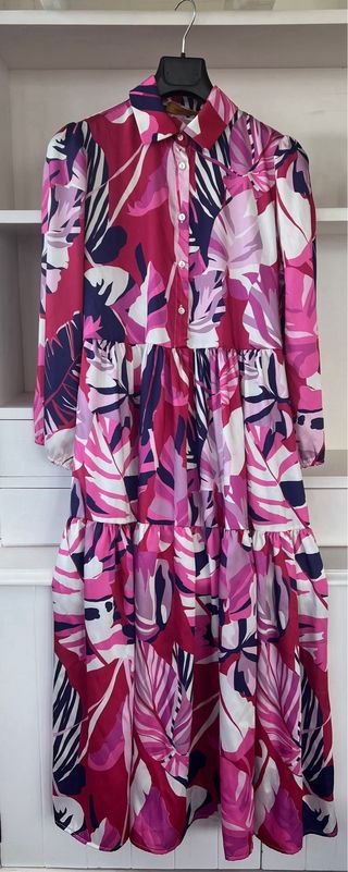 Vestido maxi largo manga larga, floral rosa morado