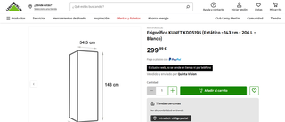 Nevera Kunft 2 puertas 1,43m