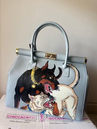 Borsa vera pelle con stampa cani