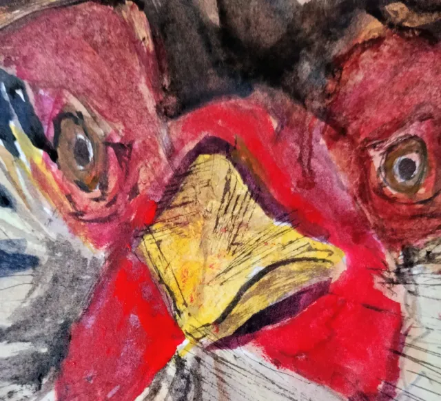 Acuarela de gallo con plumas rojas y amarillas