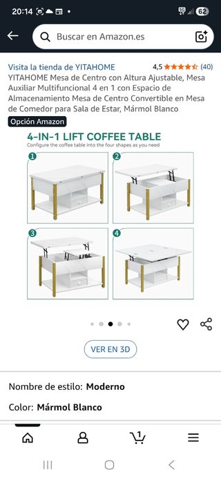 Mesa Centro YITAHOME Mármol Blanco Ajustable