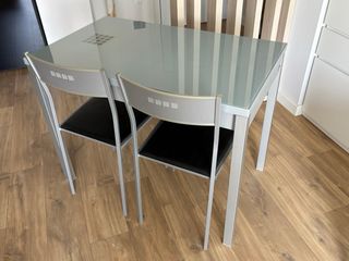 Mesa y 2 Sillas Cocina Cristal y Metal