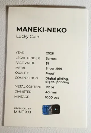 Samoa Maneki Neko Plata 1/2 oz 2026
