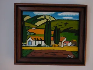 Cuadro paisaje rural con marco de madera