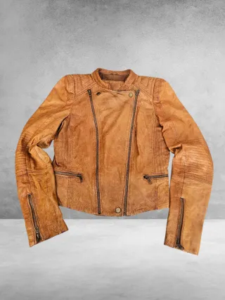 Giacca pelle crop chiodo vintage marrone