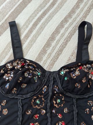 Top Corsé Zara Pedrería Negro Multicolor