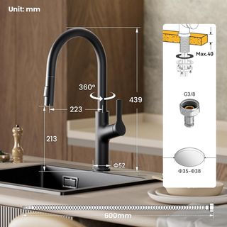 Rubinetto da Cucina Estendibile Nero 360° ad Alta Pressione