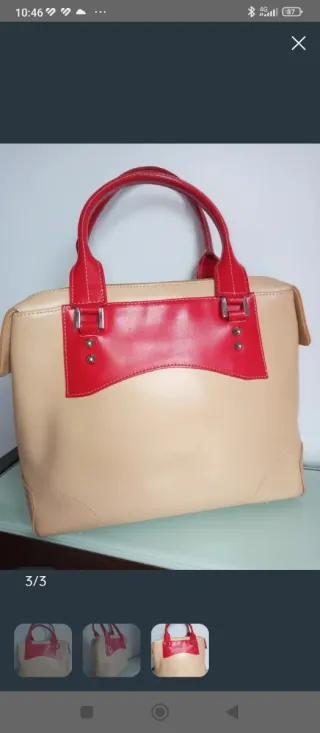 Bolso de Piel Beige y Rojo