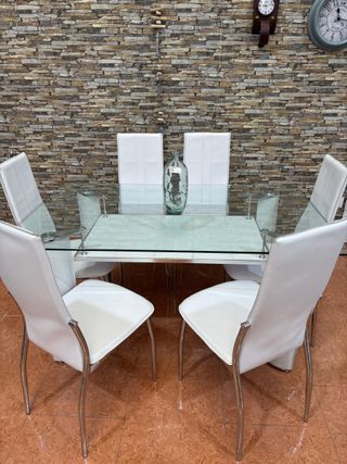 Mesa Comedor Cristal y Metal Blanco