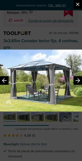Cenador 3x3,65m gris techo fijo