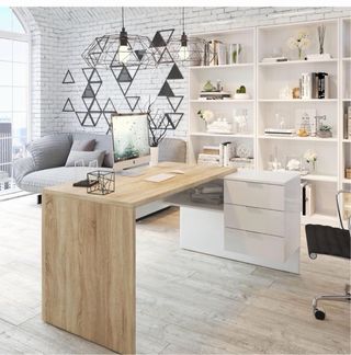 Mesa de oficina L madera y blanco