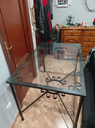 Mesa forja cristal y madera brasero