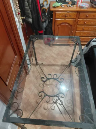 Mesa forja cristal y madera brasero