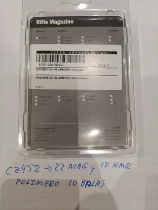 Cargador CZ 452 22 MAG / 17 HMR Polímero.