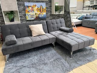 Sofá Cama Chaise Longue Gris Terciopelo