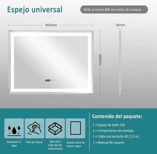 Espejo Baño LED Plata y Blanco
