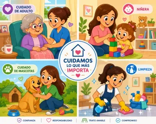 Cuidado de adulto mayor, niño y mascota.