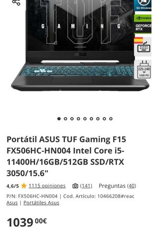 Portátil Gaming Asus TUF RTX 3050 LEER DESCRIPCIÓN