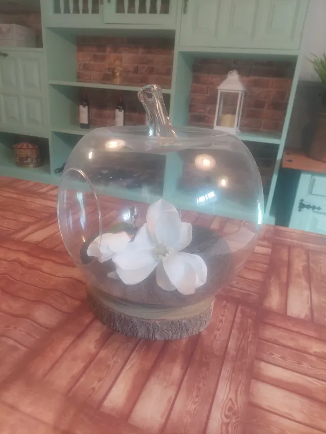 Jarrón terrario de cristal con base de madera