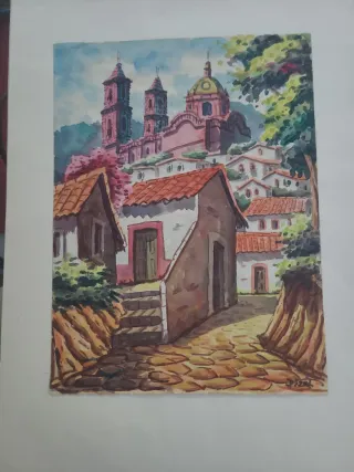Pintura Acuarela Paisaje Pueblo
