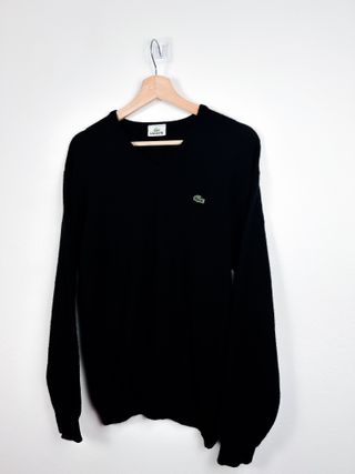Lacoste jersey V-neck negro bordado suéter preppy