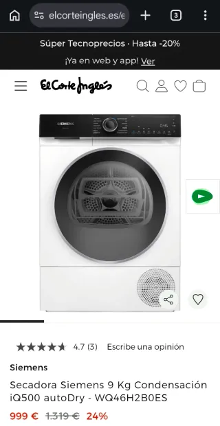 Secadora Siemens 9 Kg Condensación