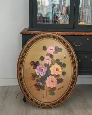 Cuadro antiguo ovalado flores rosas