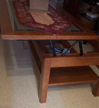 Mesa Centro Elevable Madera Cerezo y Cristal