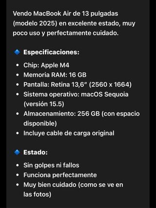 MacBook Air M4 13” 2025 Plata Bateria al 100%