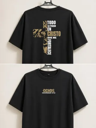Camiseta Negra con Diseño Cruz y León