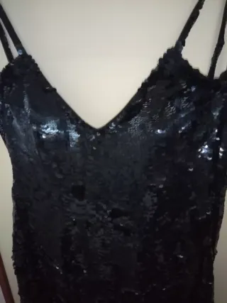 Vestido fiesta lentejuelas flecos negro