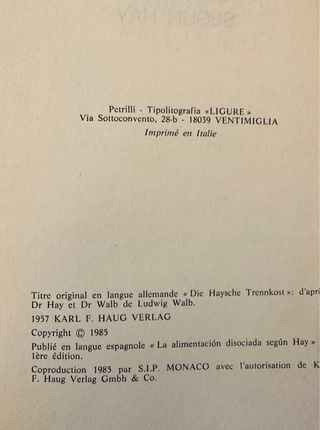 Libro La Alimentación disociada según Hay
