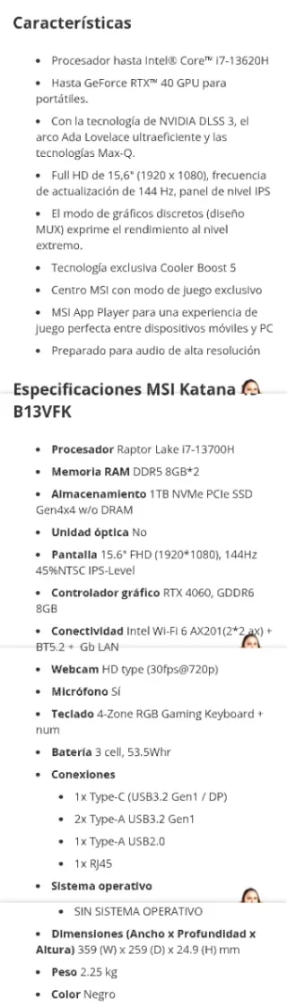 Portátil MSI Katana i7-13ª Gen RTX 4060