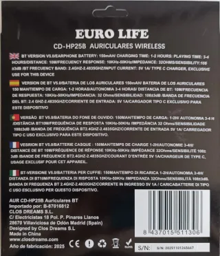 Auriculares Bluetooth EURO LIFE BT 5.0 Negros