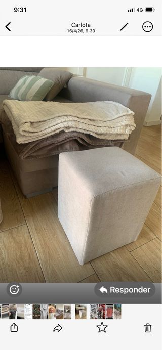 Sofá cama cheslong con cajón y dos taburetes