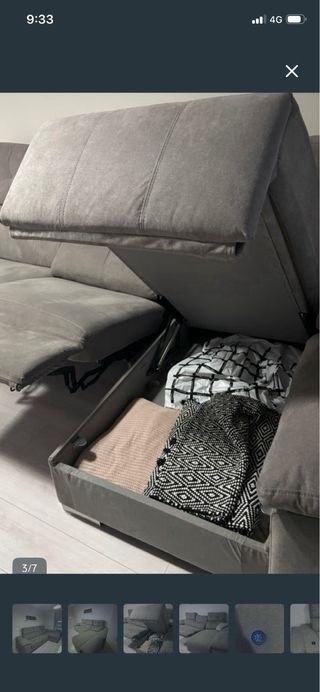 Sofá cama cheslong con cajón y dos taburetes