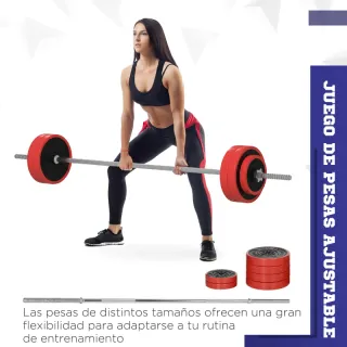 Barra de pesas con discos rojos
