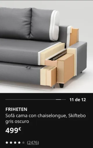 Sofá cama, chaise longue gris 3 plazas, como nuevo
