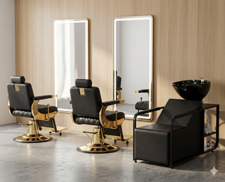 Pack Barbería 2 Sillones Black & Gold + Lavacabeza