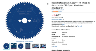 Disco Sierra Bosch Expert Aluminio 216mm