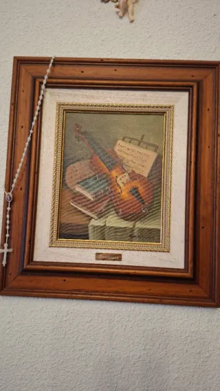 Cuadro al óleo de violín y partitura