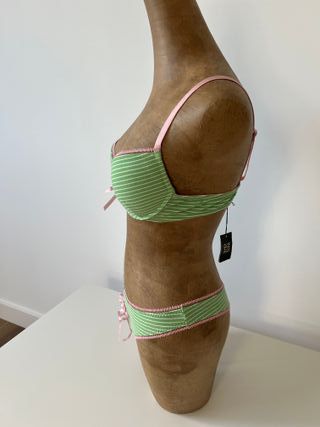 Conjunto lencería algodón verde y rosa